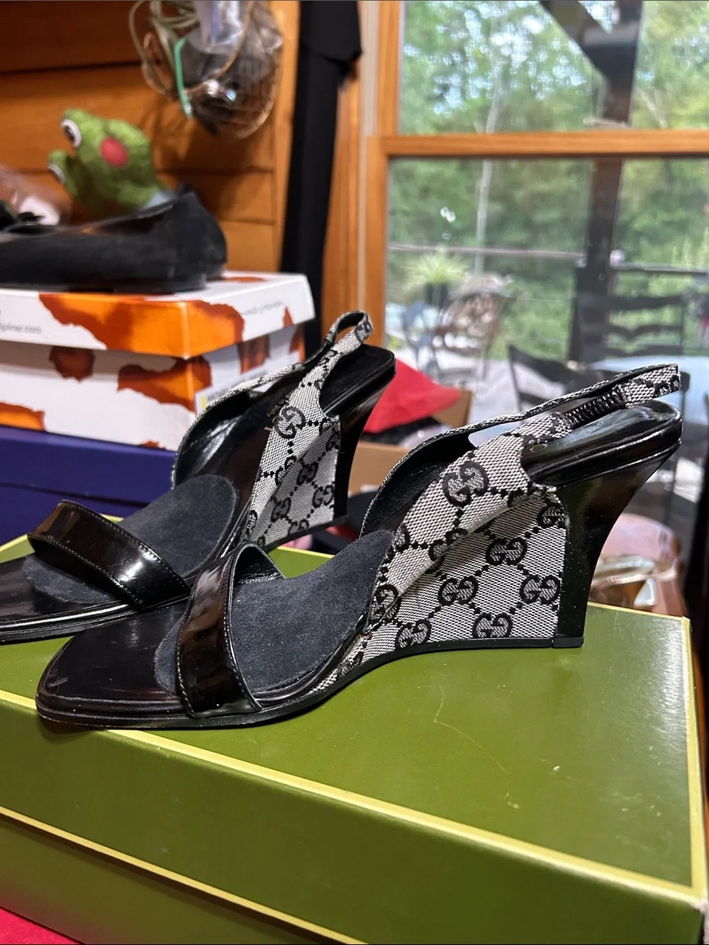 Gucci Black Monogram Patent Leather Heel Sandals